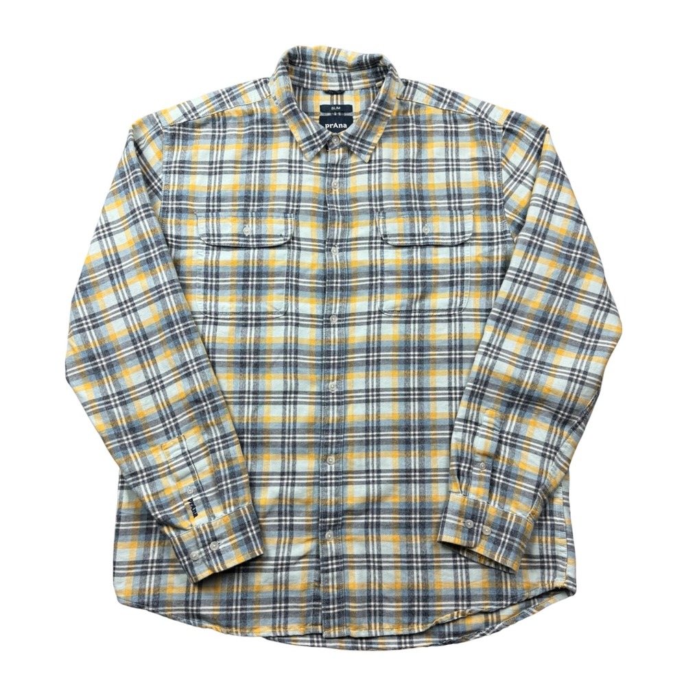 Prana Men XL Slim Fit Edgewater Flannel Shirt Blue Yellow Outdoor Button Up
